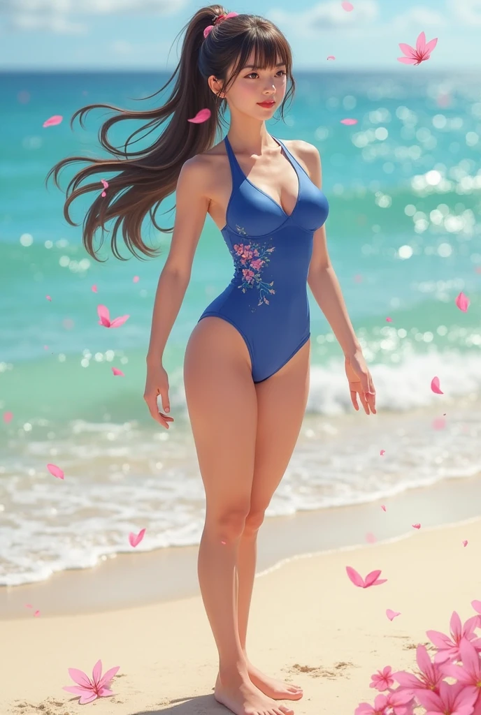 A woman who adorns her body with garlands in the air, Foot on white clouds,The beautiful smooth body is surrounded only by garlands,There is no clothing,Unclothed body,There are flowers on the chest,Blue sky,flower goddess, goddess of nature, the goddess of summer, spring goddess,Goddess. Extremely high detail, Woman with a plant wrapped around her body, Goddess of the beautiful human body, The myth of the goddess Venus