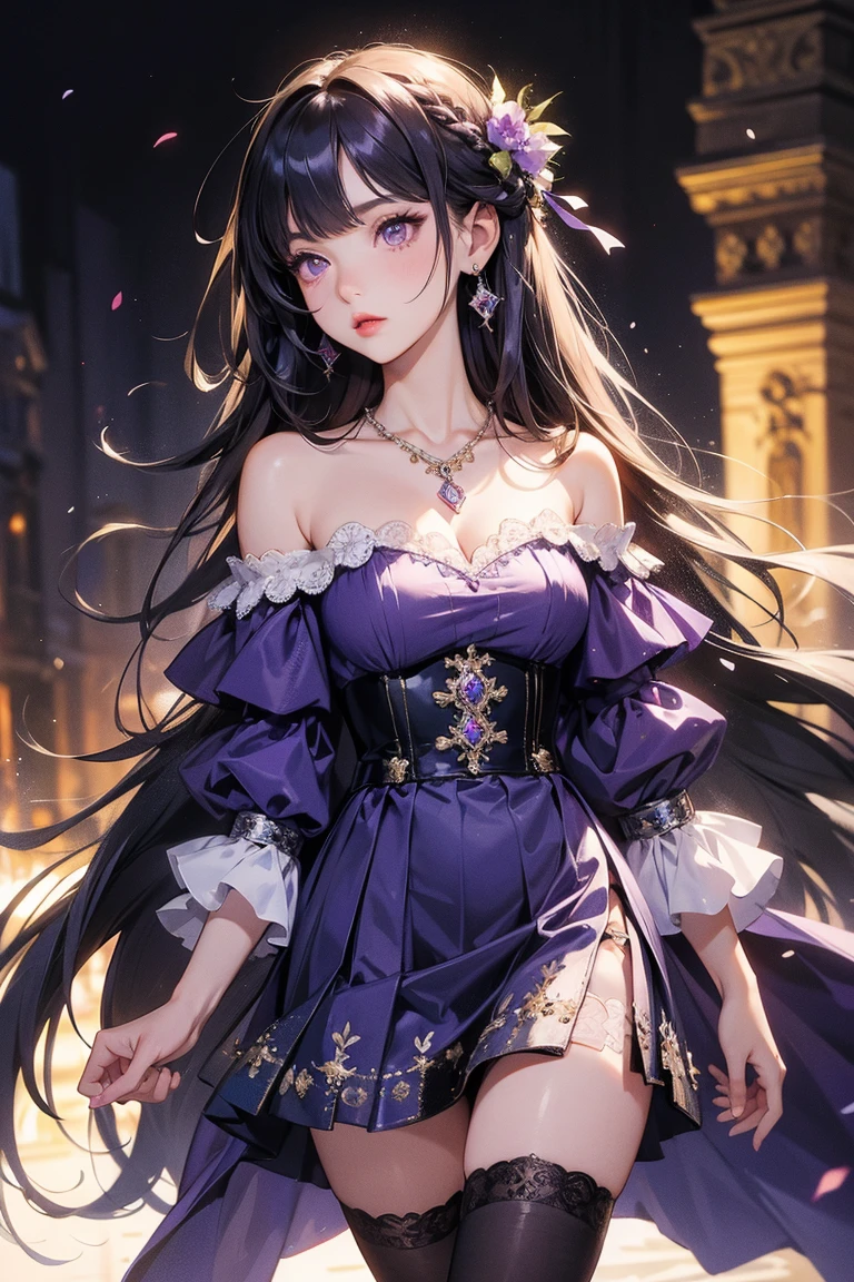 ((Highest quality)),(Ultra-high resolution),(Super detailed),(Detailed Description),((The best CG)),(masterpiece),Highly detailed art,(Art with precise detail:1.5), (Lady:1.5),smile:1.4,(A gorgeous dress with a gorgeous design:1.9),(Off the shoulder:1.3),Evening Gloves:1.5,(Jewel-encrusted tiara:1.2),Rosary Cross:1.3, Stained glass:1.4,Candles:1.4,Sparkling chandeliers, Particles of light pouring down:1.1