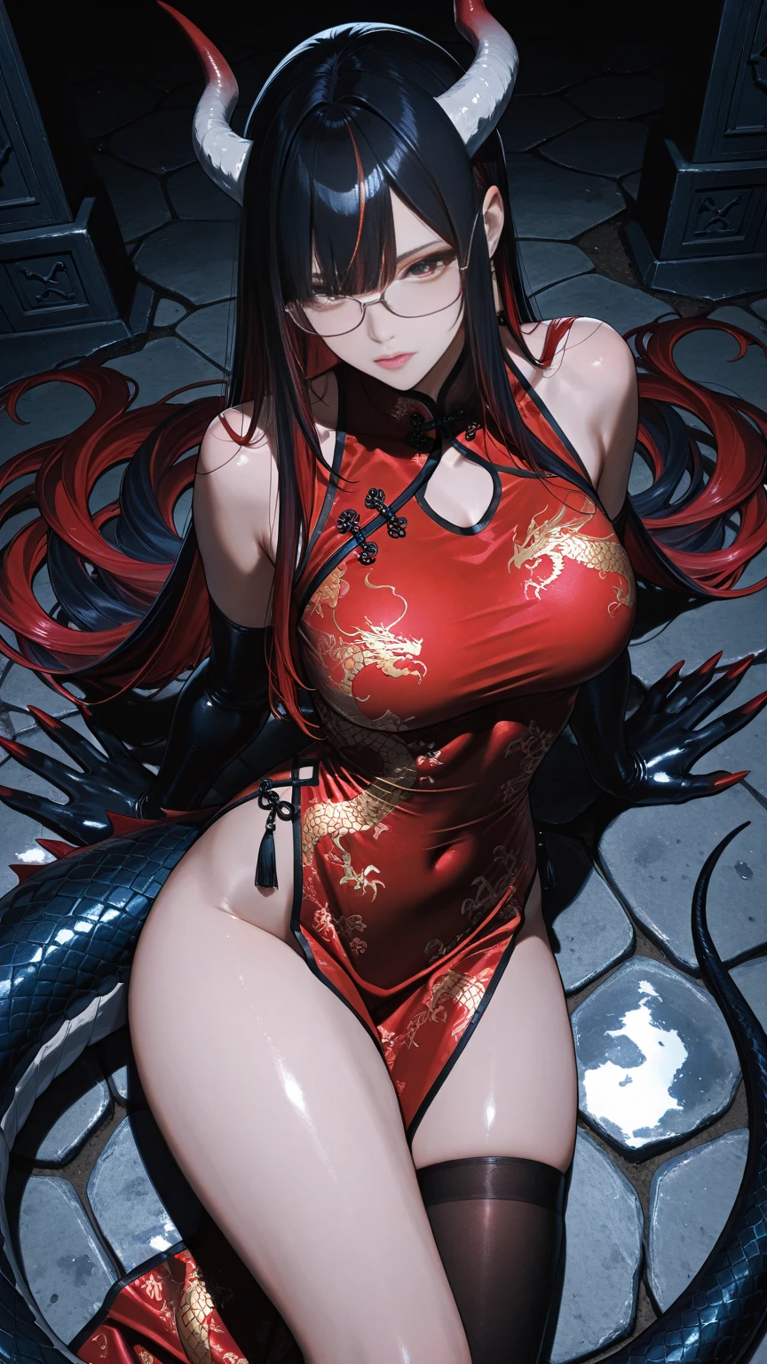 Fine、(The best illustrations)、8k UHD resolution、intricate-detail、top-quality、realisitic、ultra-detailliert、The best lighting、Best Shadows、Soft lighting、Ulutra HD、Ultra-realistic、Tindall Effect、Photorealsitic、(High Detail Skins:1.2)、 (Intricate details, makeup, pureerosface_v1:0.5), (Detailed beautiful delicate face, Detailed beautiful delicate eyes, A perfectly proportioned face, High detailed skin, Detailed skin, best ratio four finger and one thumb, arms below breasts, Tattoo with a red glow under the stomach、Awesome awesome, wide hips, smooth midriff, skiny and thin, __Fashion__, __hair__:1.25)、Digital SLR、 absurderes、1 beautiful devil woman from hell, surreal female portraits by David Hockney and Alphonse Mucha, Portrait of a seductive woman、Fantasy Art, Chinese Doll、Chinese actress、Dungeon、The dragon、Devil's Palace、Devil's Torture Chamber、natta、Dark style 、In the Dark、(Detailed spooky backgrounds:0.8), magia、 1 girl、Evil Nun、Dark Necromancer、Succubus、Devil's Daughter、Umi Shinonome、Bat Wings，(((Demon Horns)))、 ((((Huge glasses, Otaku Glasses, thick glasses, Round glasses)))),(((Colossal tits)))、(Devil's Tail)、(red eyes glowing:1.6)、red eyes make up very sharp and detailed, The eyes are very well made up, ((Red Eye:1.0)),intricate tattoos, demonic intricate tattoos, thigh tattoos, body tattoos, ​masterpiece、The most beautiful face、a baby face、Charming smile、plump beautiful red lipuscular seductive body、The enchanting body of the devil、devil style、(((A shiny red snake is wrapped around her body)))、Longhaire、Braids、Black hair、Ponytail distortion、, Ponytail with a bow tied at the back of the hair, Beautiful expression、Body Up、Large breasts emphasis、Bust,  Super tight breasts, Breast augmentation surgery, The breasts are very big and round and round,Toned waist、Wide buttocks、 lowkey, cowboy lens, Seductive Black Magic Costume、 (red phoenix dress: 1.0),  devil crown,  Red sparkling gemstone necklace、Jewelry Gwise,  wearing black mesh socks,wearing a thin red and black 