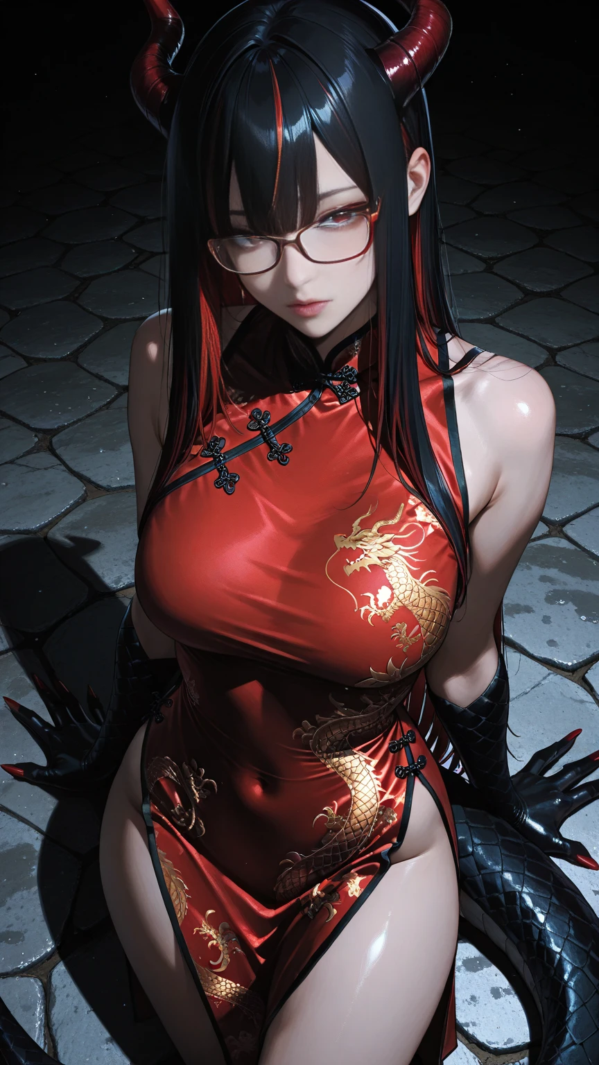 Fine、(The best illustrations)、8k UHD resolution、intricate-detail、top-quality、realisitic、ultra-detailliert、The best lighting、Best Shadows、Soft lighting、Ulutra HD、1 beautiful devil woman from hell, surreal female portraits by David Hockney and Alphonse Mucha, Portrait of a seductive woman、Fantasy Art, Chinese Doll、Dungeon、The dragon、Devil's Palace、Devil's Torture Chamber、magia、 Evil Nun、Dark Necromancer、natta、Dark style、Succubus、Devil's Daughter、Umi Shinonome、Bat Wings,(((Demon Horns)))、((((black-rimmed round glasses))))、(((Colossal tits)))、(Devil's Tail)、(red eyes glowing:1.6)、 intricate tattoos, demonic intricate tattoos, thigh tattoos, body tattoos, masterpiece、beautiful countenance、a baby face、Muscular seductive body、The enchanting body of the devil、Chinese actress、fukada kyoko、Seductive Black Magic Costume、(((A shiny red snake is wrapped around her body)))、Tindall Effect、photos realistic、(High Detail Skins:1.2)、 (Intricate details, makeup, pureerosface_v1:0.5), (Detailed beautiful delicate face, Detailed beautiful delicate eyes, A perfectly proportioned face, High detailed skin, Detailed skin, best ratio four finger and one thumb, arms below breasts, Tattoo with a red glow under the stomach、Awesome awesome, wide hips, smooth midriff, skiny and thin, __Fashion__, __hair__:1.25)、Digital SLR、hightquality、a picture、hight resolution、 absurderes、Ponytail distortion、女の子1人、Red sparkling gemstone necklace、jewely、Beautiful expression、Body Up、Large breasts emphasis、Toned waist、Wide buttocks、Devil's Tail、intricate tattoos, demonic intricate tattoos, thigh tattoos, body tattoos, effect、Photorealsitic、(High Detail Skins:1.2)、In the Dark, lowkey, cowboy lens, (red phoenix dress: 1.0), Seductive Black Magic Costume、Long hair, Black hair, Bust, Devil's Palace, devil crown, red eyes make up very sharp and detailed, The most beautiful face, Super tight breasts, Breast augmentation surgery, The breasts are very big and round and round, Black magic costume、Super realistic , Charming smile,a baby fa