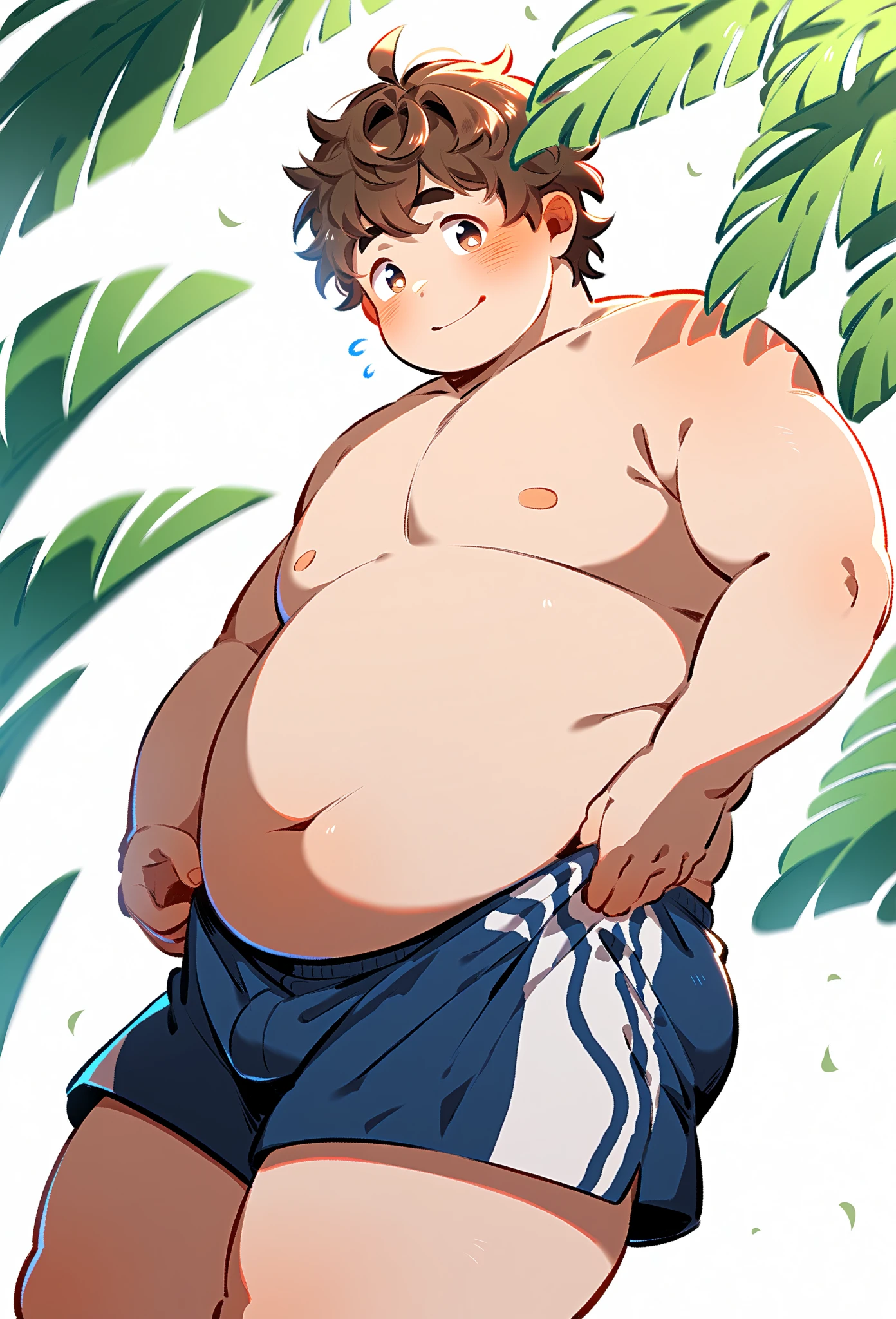 (androgynous), (boyish), chubby, (very short hair), (pudgy face), (thick), overweight, beefy, (cute), (little brat), (naughty brat), (belly button), Chubby body, Sweaty body, (Smelly body), (moobs), (ikemen), (Obese man like female breasts), (swimsuits), (sexly), (nipples),