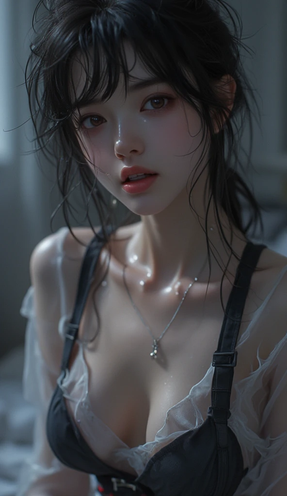 Best picture quality, masterpiece, ultra high resolution, (fidelity :1.4), photo, 1 girl,[(sadness)],white shirt, Dim, dark, desperate, pitying, pitiful, cinematic,tear,teardrop,(Torn clothes:1.5), (Wet clothes:1.4), bare shoulders,Real rain,wet hair,..