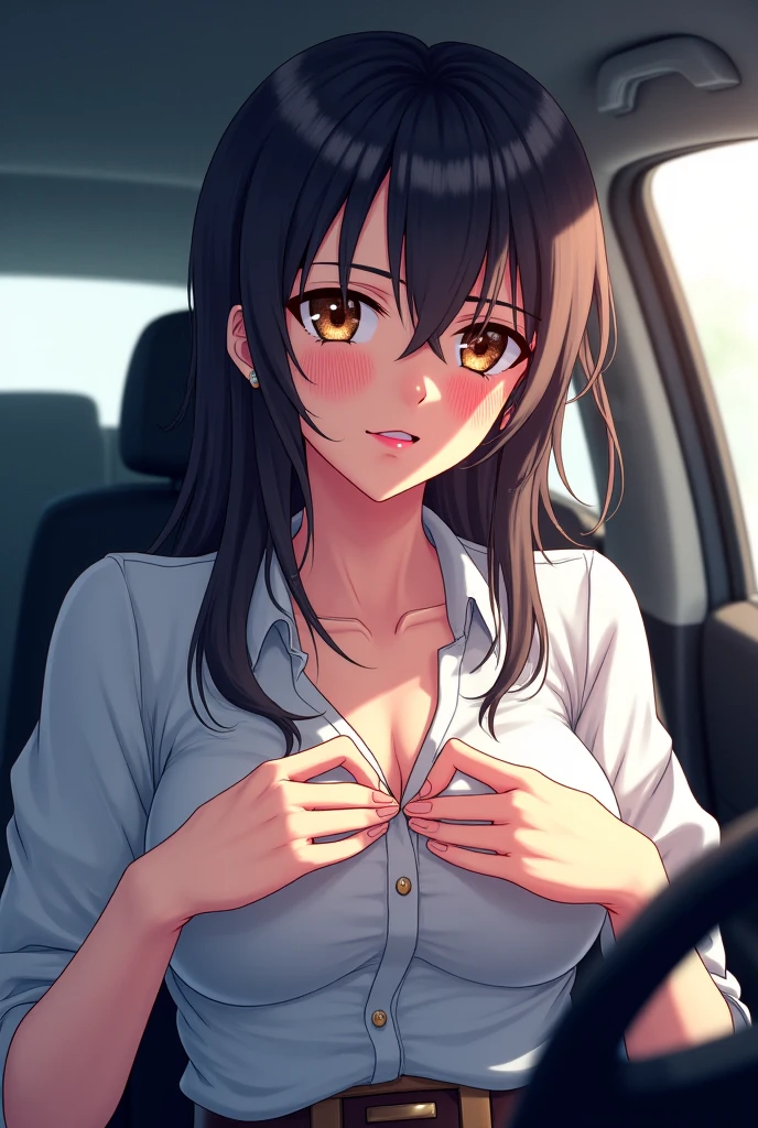 (Anime Pictures、top-quality)、​masterpiece、extremely delicate and beautiful、A highly detailed、nffsw、Unity、2k wallpaper、astonishing、finely detail、Highly detailed ticker Unity 8k wallpaper、ultra-detailliert、hight resolution、absurderes、1girl in、Sit in the driver's seat of the car、Angle from the side、View car navigation system、full-length、（Car navigation screen）、Soft light、a beautiful detailed girl、Detailed finger、Beautiful profile、beautiful detailed nose、beatiful detailed eyes、long eyeslashes、cute little、20yr 、Lifelike face、(A smile、closes mouth)、Two legs with beautiful details, girl naked, giant round beautiful breasts fully exposed, plump Adeola’s exposed, woman naked completely,  