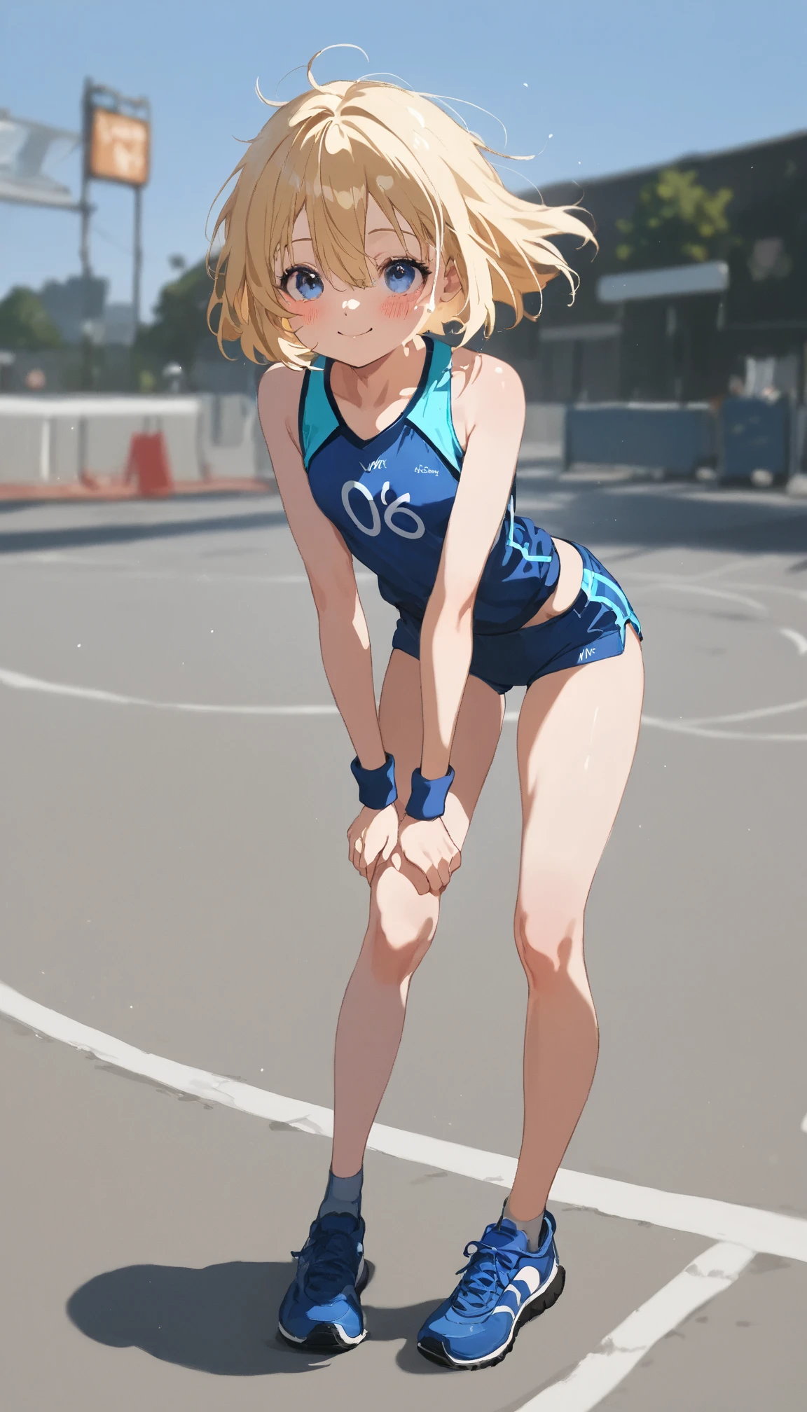 best quality, masterpiece, small breasts, little girl, smile, legging, alone, anime style, daytime, blue sky, blue eyes, detailed eyes, medium hair, blonde hair, loose hair, bangs, butt, get down on all fours, grass field,