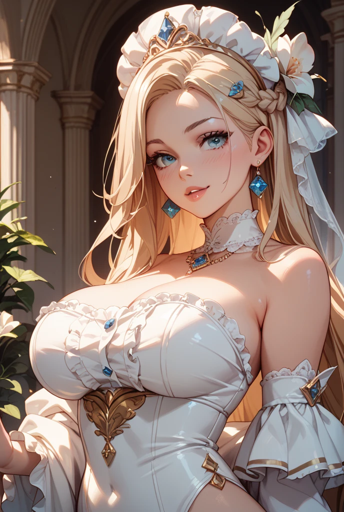 a beauty girl　　Colossal tits　White hair　Luxurious dresses　dame　younger sister　eleonora　　jewely　long  skirt　veils　a flag　Maid Smile　Flower bouquet　Pedras preciosas　treasures　Luxurious necklace