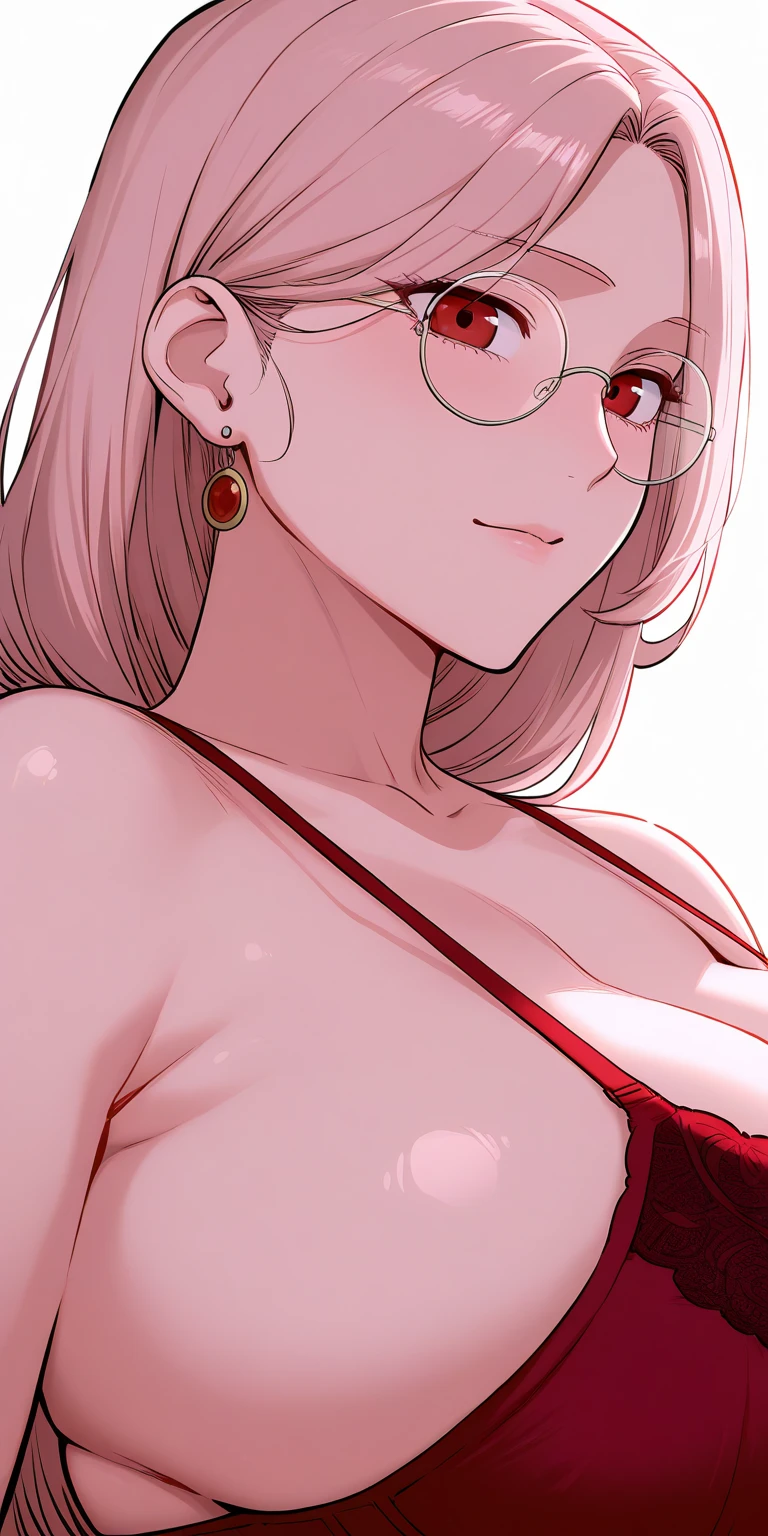 masterpiece, best quality, looking at viewer, upper body, portrait, looking at viewer, put your hands behind your head, armpits, armpits visible, sweaty armpits, Kaede Akiyama, very large breasts, long blonde hair, wearing red bikini dress, wearing glasses, ponytail