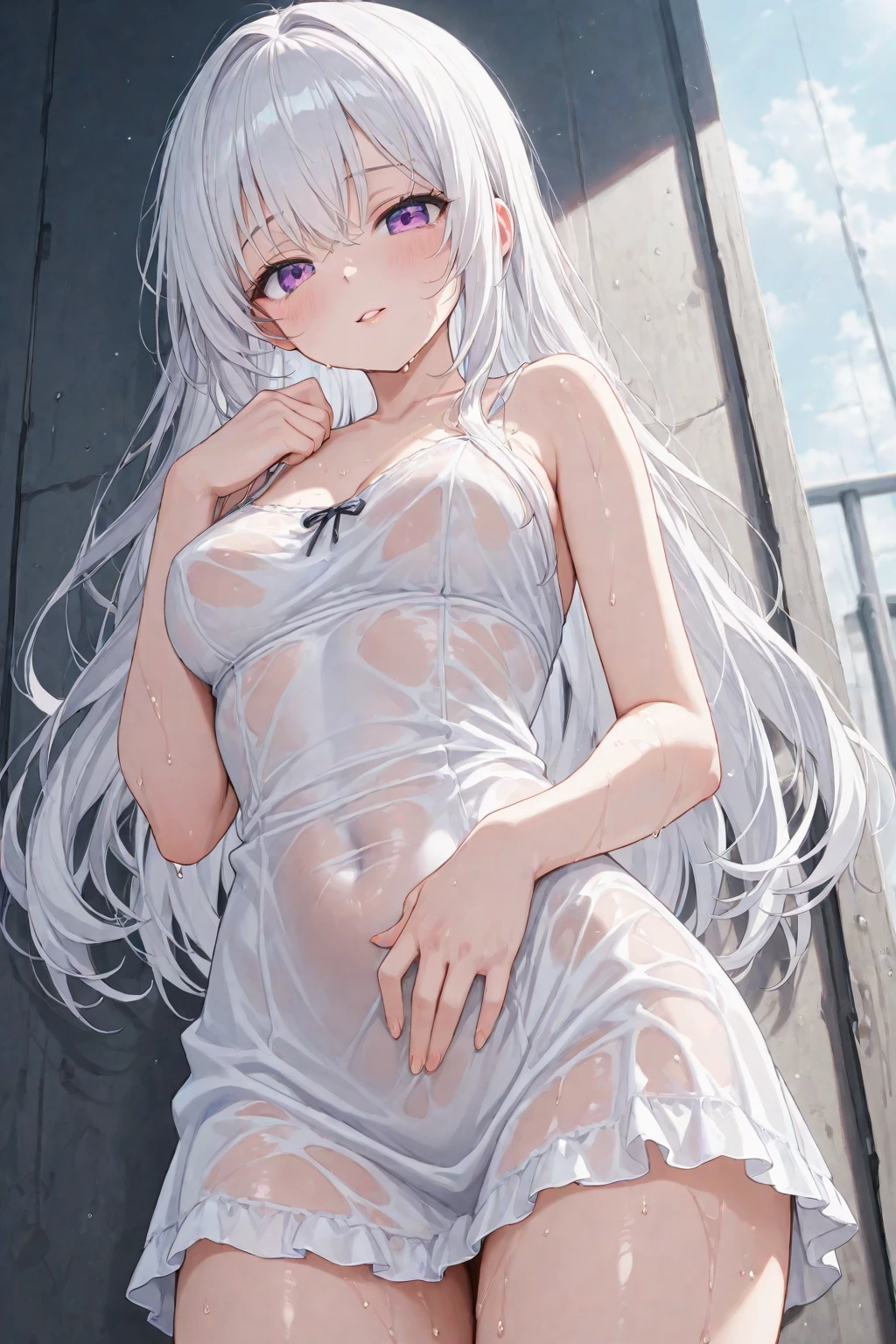 A girl with white hair transparent clothes bed jobjob nudity