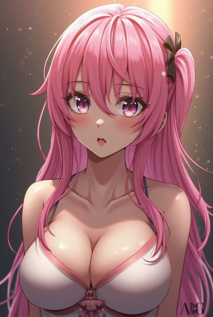 high quality, chic magical girl young woman, D cup size breasts, Purple eyes big eye Tear mole, rose color cheek, thin lips, pink curly hair, nude, Chunky earrings, Theater