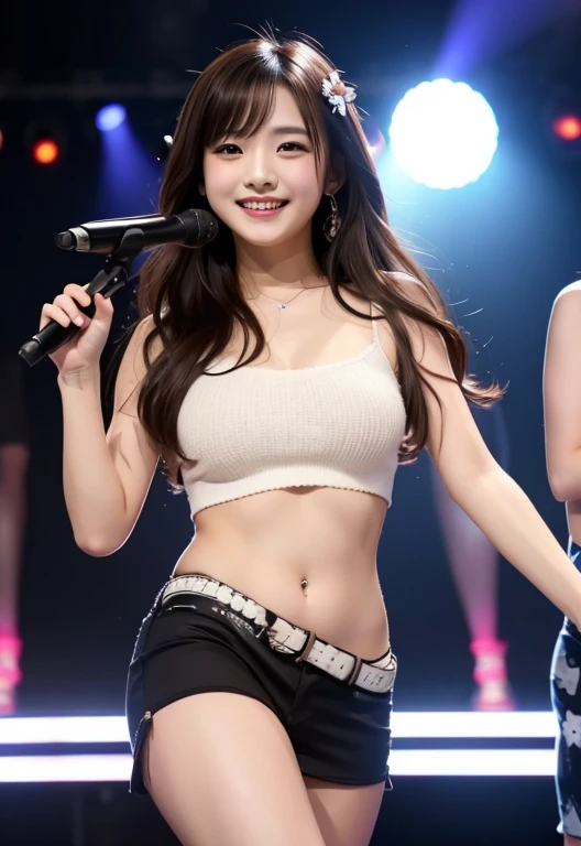 (Best Quality,
masutepiece:1.3),,
ultra-detailliert,
Insanely detailed,
hight resolution,
absurderes,
((Three female idols)),
Beautiful long set eyes,
Shiny skin,
Light makeup,
Photo,
photograph,
Hyper realistic,
Realistic,
(Blurry background,
Simple background),
(Outdoor stage:1.5),
Looking at Viewer,
Bangs,
frill shirt,
dress shirts,
plaid skirts,
frills skirt,
(((thighs thighs thighs thighs))),
(((Posing))),
(Smiling),
Sweat,
(Singing),
((Dancing)),
hair blowing in wind,
(((Cute Women))),
(((at noon, On the bandstand, Three female idols are dancing and singing in costumes))),