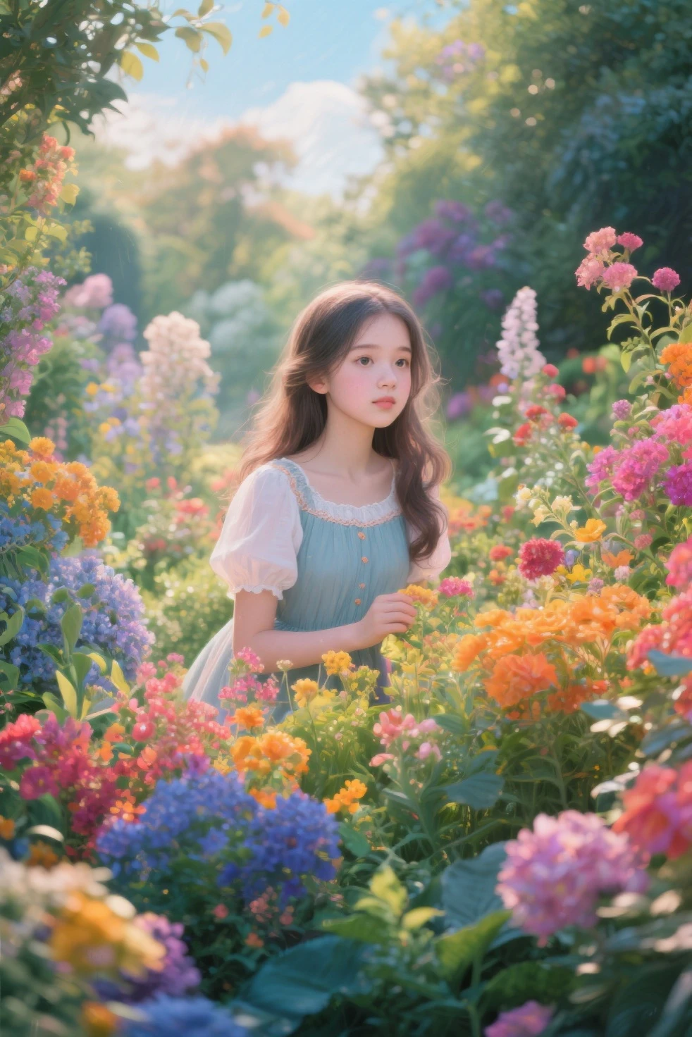 a cute boys and girls playing in a beautiful garden in beautiful spring season, a blue river, detailed and realistic, 1girl, 1boy, beautiful detailed eyes, beautiful detailed lips, extremely detailed face, long eyelashes, beautiful floral dress, happy smiling expression, playing with flowers, colorful butterfly, lush green grass, blooming flowers, sunlit garden, warm sunlight, soft focus, cinematic lighting, vibrant colors, (best quality,4k,8k,highres,masterpiece:1.2),ultra-detailed,(realistic,photorealistic,photo-realistic:1.37),landscape, digital painting