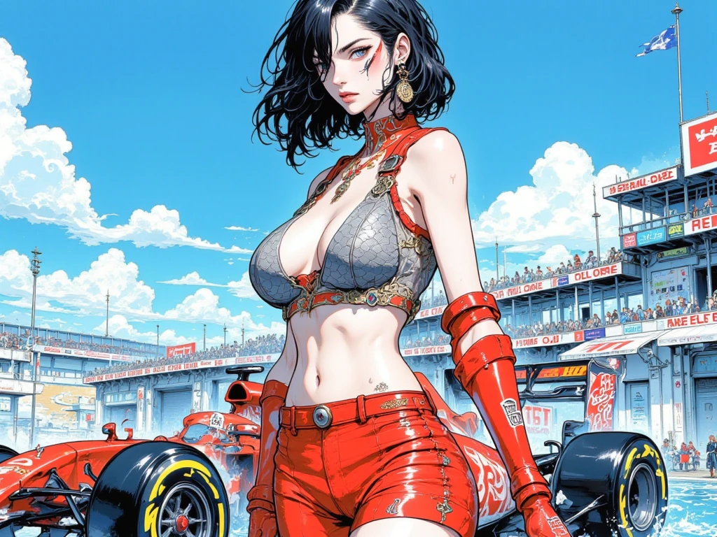 masterpiece, best quality, ultra-detailed, adult Cala 1girl, solo, race queen, cropped jacket, highleg bikini, micro shorts, thigh boots, peaked cap, large breasts, bracelet, collar, full body, surprised, worried, red hair, spiky hair, full body, looking at the viewer, female focus, green eyes