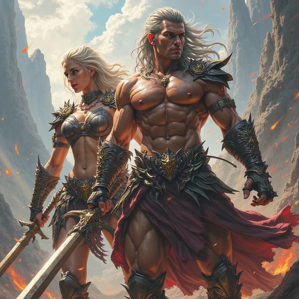 3 persons, a picture like the cover of conan the barbarian, 1 man standing on a hill, he has a black long kilt and a silver chainmail shirt, he is muscular and has a big belly, pale skin, he raises a hammer into the sky. Two girls kneel at his feet, they are very slim, small girl , long white hair, small , very pale skin, bright light blue eyes, freckles, small breast, tiny chest, small chest, tiny nipples, wide pelvis, small Areolae , Atlantean sword, Conan Sword, pink chain bikini, big red bloodmoon, Night, dark night stars in the sky, red sky, red blood moon, großer red blood moon