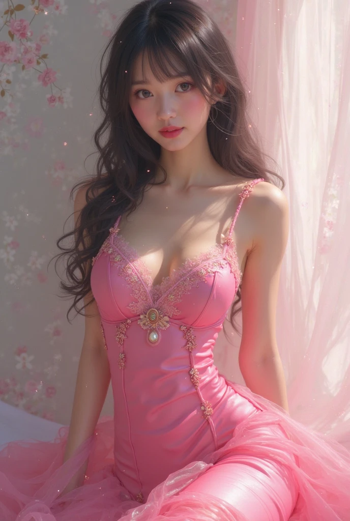 (masterpiece, best quality: 1.4), Detailed background, crystal, crystal Cluster, Long hair, Jewelry, earrings, necklace, crown, bride, hair, Halo, (Overlooking), Dynamic Angle, Extremely detailed, illustration, close up, Direct observation, 1 Girl, (fantasy: 1.4), (Delicate eyes: 1.233), Her eyes shone like dreamy stars, (Glowing eyes: 1.233), (Beautiful and delicate eyes: 1.1), (Silver hair: 1.14), (Messy hair, Very Long hair, French Braid, 两眼之间的hair, Lateral hair), (Flowering: 1.14)), (Chiffon Dress, Evenly spaced pink floral pattern)/= (military uniform: 1.24), (Slit sleeves, Wide sleeves), (Fingerless gloves), Necklace, (miko knee-high socks), high-heel boots, (Poker face, Residence), (permanent), (Classical princess boudoir with dressing table floor-to-ceiling windows quaint palace), (Pink flowers, bloom), (deep sea), (flowing water), (Dark pink world tree:1.14),(ruins),(night:1.2),Dreamy,soul,(Fluorescence),(Flying translucent pink butterfly:1.15),(yubao:0.5)