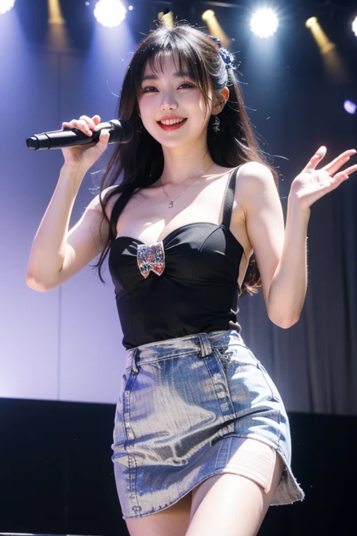 (Photorealistic),(Masterpiece),(ultra-detailed),a  lose shot of very pretty tall but very thin and feeble and almost skin and bones,have no fat,extremely small head,extremely thin and slim thighs and legs,wearing a loose skirt and a tank top,171cm and 37kg,performing on a stage,20 year old idol member girl, has eaten almost nothing for a month due to how busy she is, somehow staying bright despite being extremely exhausted and hungry, feels like she could faint instantly but stays bright for her fans