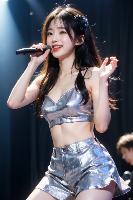 A short and cute idol、whole body、Good style、、Shiny red frilly idol costume、、A pure idol face、stage、White skin、Cleavage、mini skirt、Thighs、Watch the audience