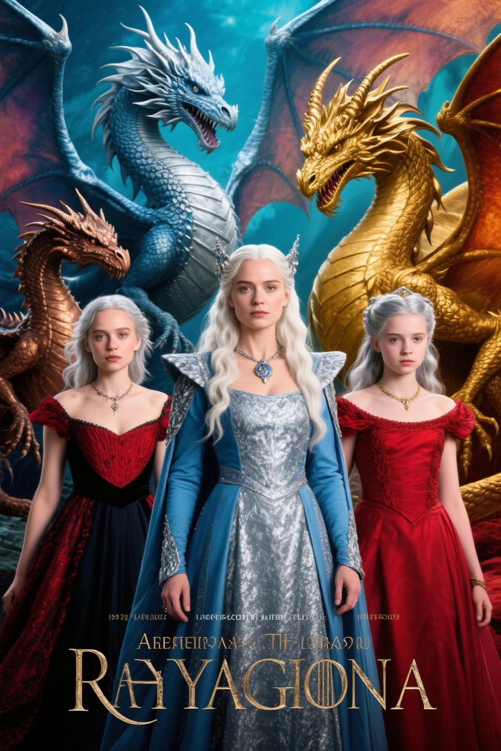A beautiful, slim  dressed in blue, a Targaryen with white hair and purple eyes. She is with her older twin sisters, also Targaryens with white hair, who are dressed in red. They are standing next to their Velaryon Targaryen mother, all with white hair and purple eyes. There are only three other girls, all different, not all slim, and not all with long hair.