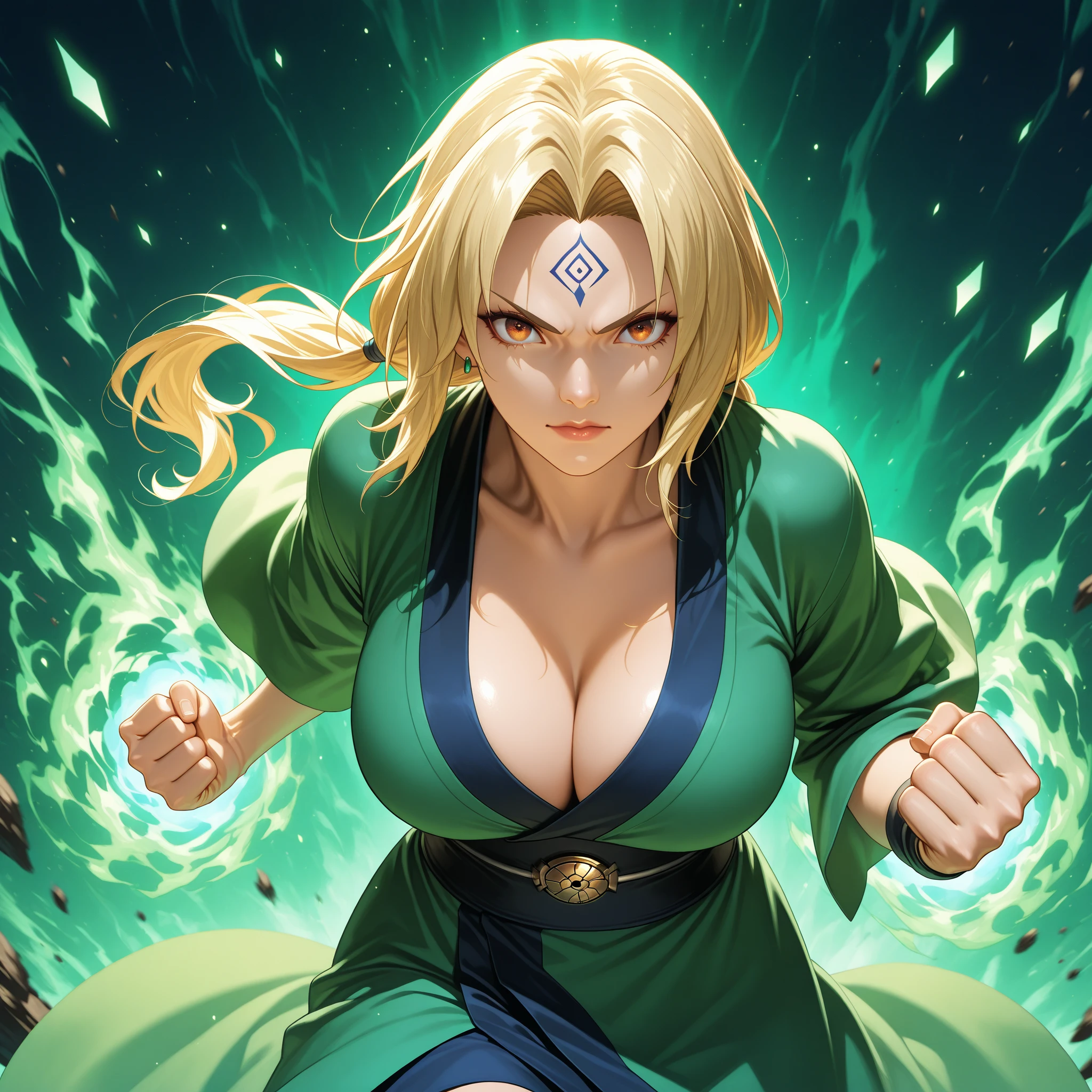 Create a close-up, dynamic action scene of Tsunade Senju in mid-battle.* Focus on her powerful stance as she unleashes a high-impact punch or performs a dramatic medical jutsu. Capture her intense expression and the fluid motion of her attack, with energy and debris swirling around her to emphasize the force of her move. Ensure she is wearing her traditional outfit, which includes her signature low-cut blouse, while maintaining respect and appropriateness. Highlight her formidable presence with a glowing aura around her fists or the medical technique she is using. Include a dynamic caption like “Tsunade’s Power Unleashed: The Fifth Hokage’s Might in Action!” in bold, vibrant text to complement the energy and intensity of the scene.