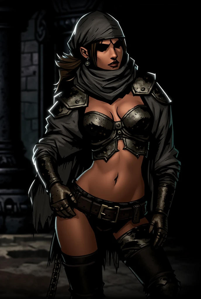 (((Solo character image.))) (((Generate a single character image.))) Generate a female character for a dark fantasy setting. This character should be a redesign of Lara Croft for a dark fantasy setting. She should have blonde hair. She should be dressed in exciting medieval fantasy attire. Excellent physique. Intimidating. Sleek. Powerful.