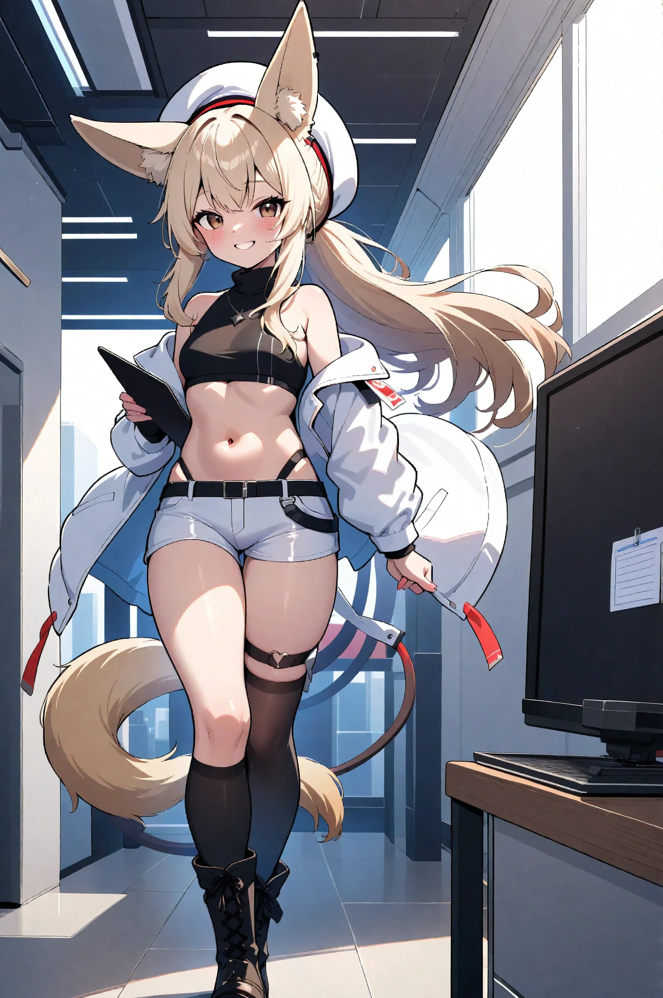NSFW,1girl,Fox Girl,Slit eyes,Silver Hair,Red eyes,Long Hair,high school girl,Police uniform,Sitting,Blue and white striped pantie,Leg spread,blush,Teeth showing smile skirt lift,Mobile Task Force Equipment,A seductive smile,Provocative smile,look down,Tie pants