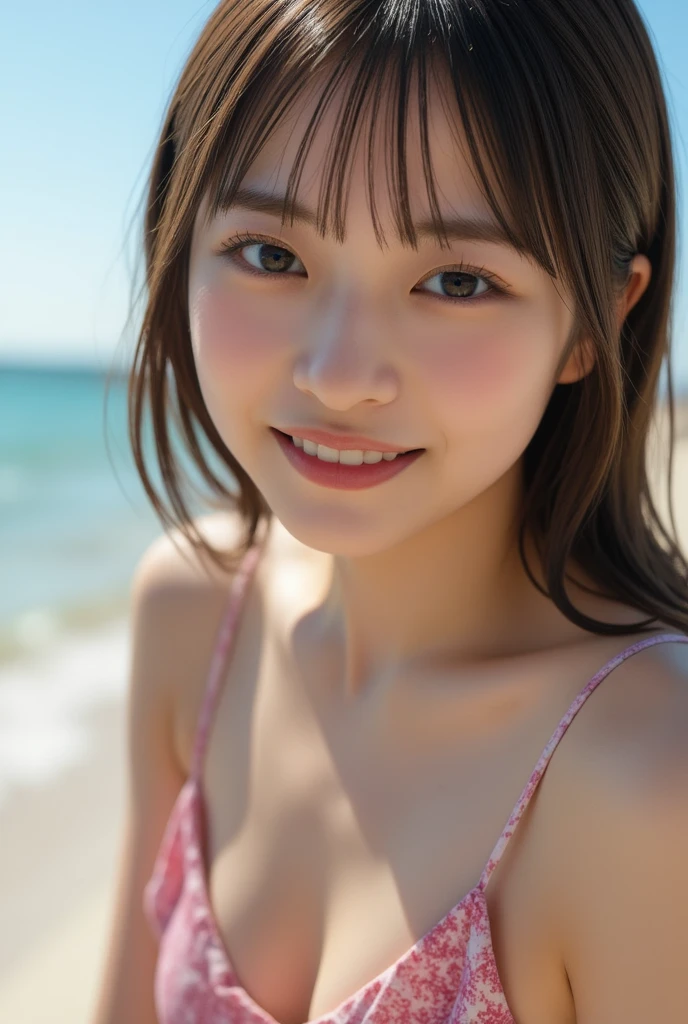 Young Japanese Woman, 30th Generation, White Background, simple background, White brown hair, thin, 4K, In 8K, high quality, beauty, Beautiful Eyes, simple, High resolution, Swimwear, bikini、smile