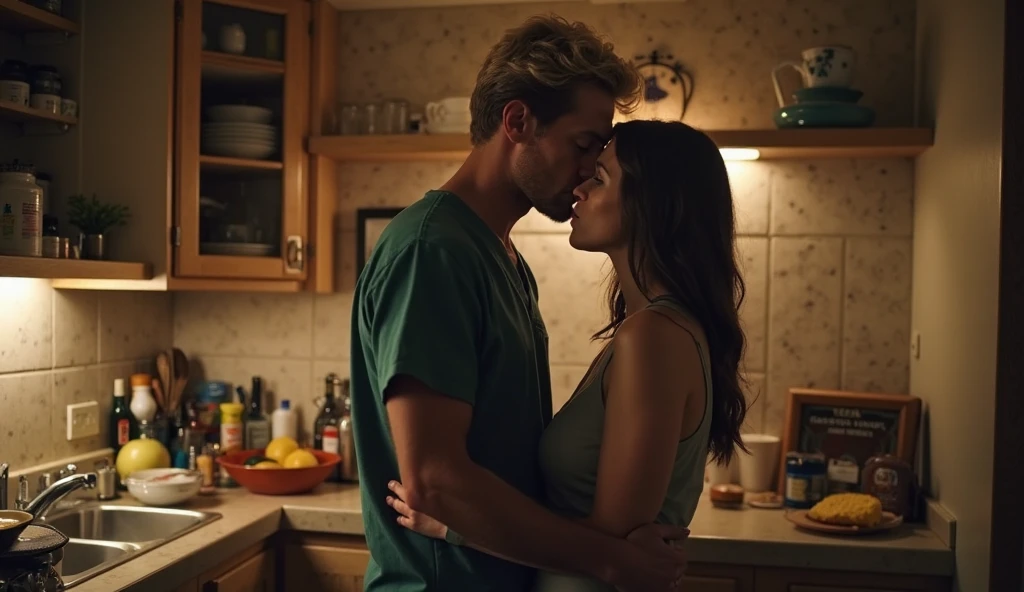 ((best quality)), ((masterpiece)), (detailed), perfect face, Couple, laughing, man and woman, Ellie de the Last of us 2 y Keanu Reeves, hugged, intense lighting, high level of detail, yellow and white wool t-shirt, with orange and red print 