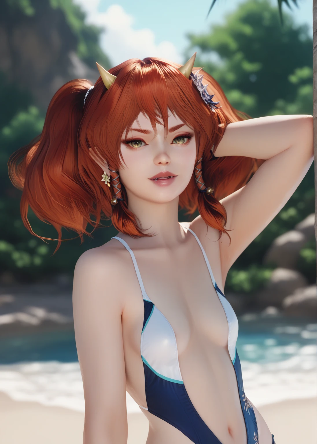 Lolicon, A girl with a fox tail, young, fox ears, red hair, cute, small, short, anime realistic render, at a lake, at night, blue moon, dark brown eyes, small breast, loose pigtails, ribs showing, front view, black micro-bikini, under boob,