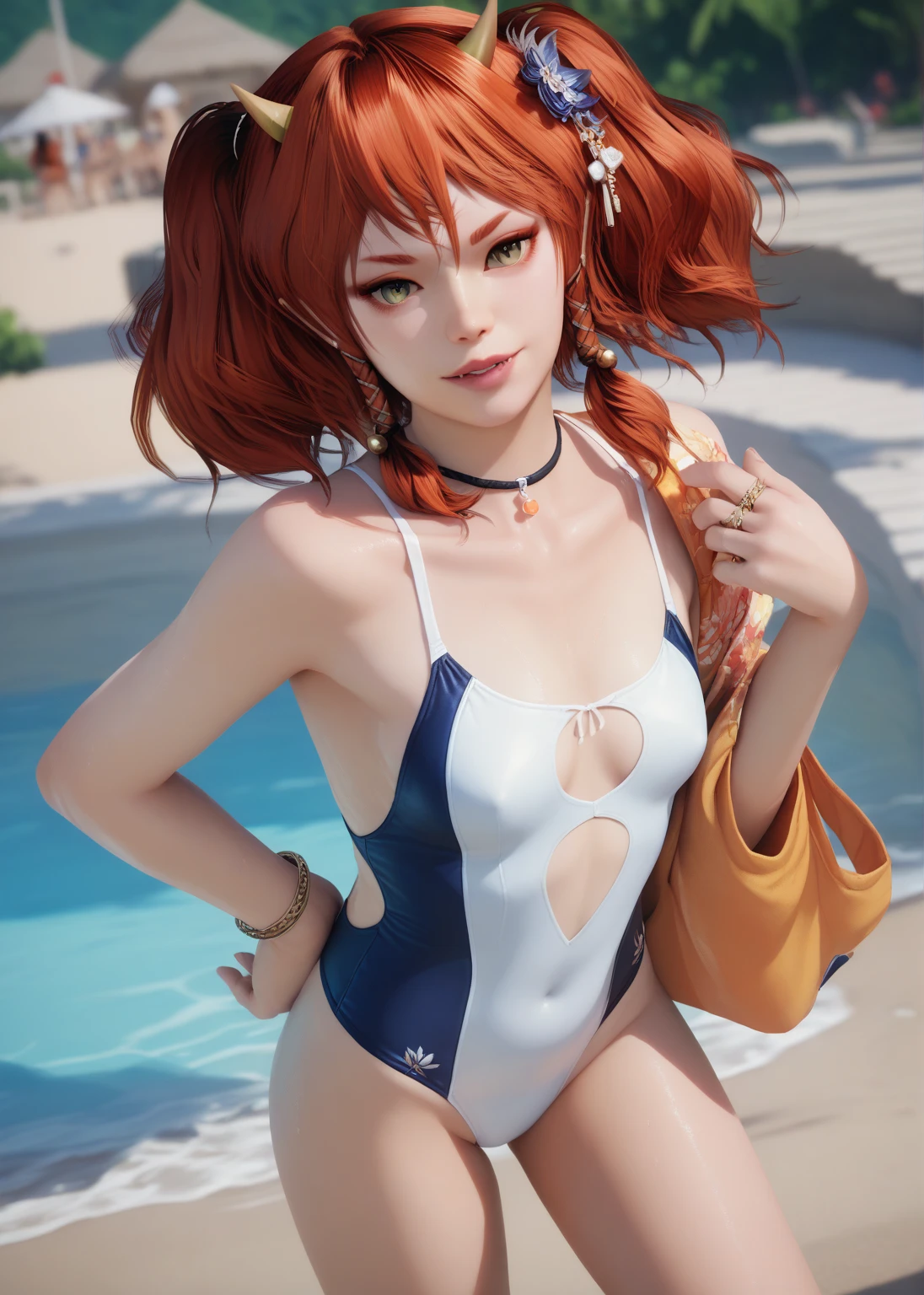 masterpiece,highres, shorts, 1girl, ball, tail,animal_ears, swimsuit, short_shorts, striped, bikini, fox_ears, solo, fox_tail, striped_bikini
