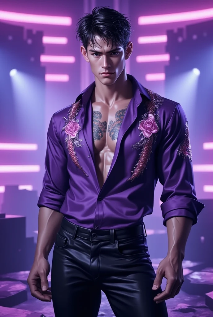 (absurdres, highres, ultra detailed, Ultra HD), ((tall handsome muscular man, solo, male model modern clothing, Full length portrait: 1.5, wearing colourful silk shirt and pants)), beautiful, gorgeous, wet, mature, perfect eyes, sexy gaze, (looking at the viewers romantically), perfect body, smooth skin, a hot glow in his skin, wide chest, largest breasts, extremely large pectorals, big nipples, breathtaking grandeur, model pose, colorful, artistic, focus on his calm facial features, elegant look, sexy posture, full body view,