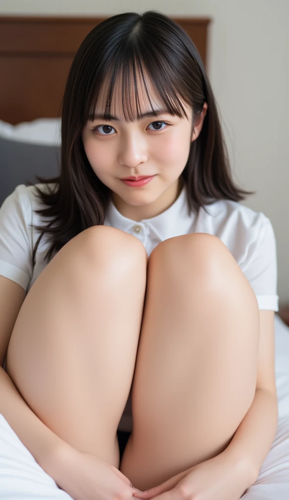 Mix 4, (16K, RAW Photos, Best image quality, masterpiece: 1.45), (Realistic, Realistic: 1.37), One Girl, cute, Professional Lighting, Photon Mapping, Bedroom, Physically Based Rendering, Dark brown long bob hair,beautiful, well-groomed eyes、double eyelid、With a girl, (((Short-sleeved shirts worn by Japanese high school girls、Checked mini skirt,、Dark blue socks、Black Loafers))), Highest quality photos, High resolution, 1080P, (Clear Face), (Detailed face description), (Detailed hand description), (masterpiece), (Exquisite CGI)、Extreme light and shadow、Disheveled Hair、masterpiece、Rich details、(beautiful Faces)、(Top quality photoassessing muscle area)、(Fine grain)、Look in front of you、Thin clavicle、((Slim and large))、シャツを捲れてbeautiful胸が確認できる、(((In Japan, we wear short-sleeved shirts)))、((Pure Idol))、((明るいBedroom))、(Shot from random perspectives)、(((とにかくcute)))、Earrings、Big smile、Drawing the whole body from the knees、No nasolabial folds、(Large and firm breasts:1.2)、Tight big ass、Two arms and two legs、(((from the front:0.4)))、bare hands、Symmetrical eyes、