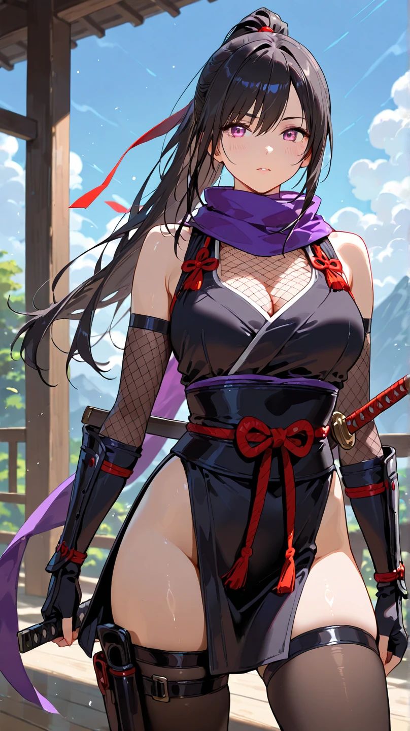 Anime style, beautiful girl in sexy ninja body suit, Oiran style hair, smiling.
lots of semi-transparent mesh fabric, sexually alluring.
holding an extremely long katana at waist horizontally, part of blade is out, sexy pose.
Background is a Japanese style garden.