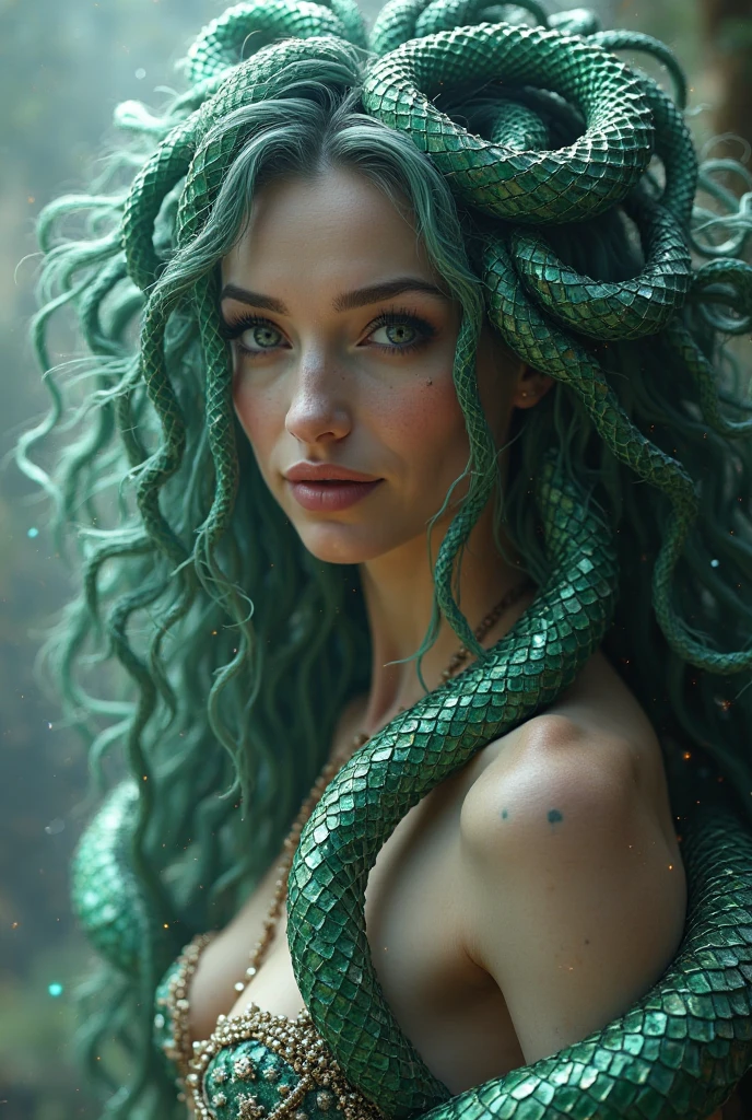 ((best quality)), ((masterpiece)), ((realistic)), Medusa, full body, the hair is composed of countless Aurora Dreamy dragon, green eyes, female, gear mecha metal carved top, royal aura, trend on art-station , sharp focus, studio photo, intricate detail, very detailed, detailed eye, illustration, very detailed, sharp focus, digital render, professional, 4k,