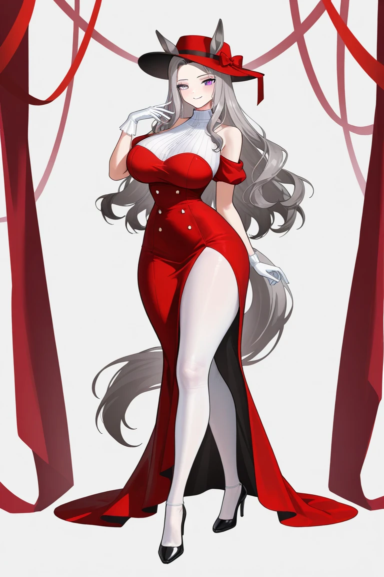 female, silver long hair, red eyes, (((1girl))), (((red dress shirt will sleeves rolled up))), (black knee length skirt), (red heels), cute and sexy, full body, large breasts, long legs, smiling, cleavage