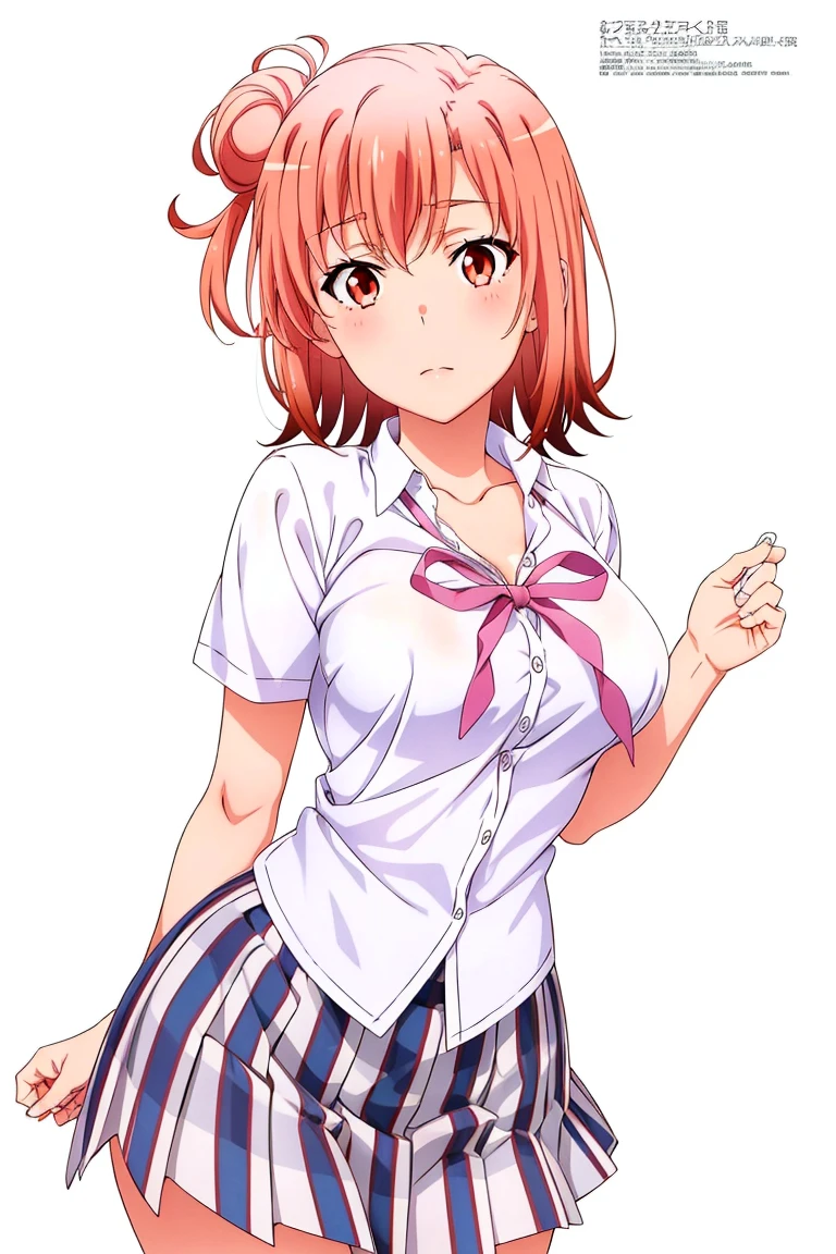 ((masutepiece, Best Quality, hight resolution, nffsw, Perfect Pixel, depth of fields, 4K, )), 1girl in, Solo, , Beautiful anime girl, Beautiful Art Style, close up, Looking at Viewer, Perfect body, Yuigahama Yui, Short hair, pink hair, hairbun, (large boob), see through shirt, nipples, smiling, winking, one eye open, hands on hips, blank white background, cowboy shot