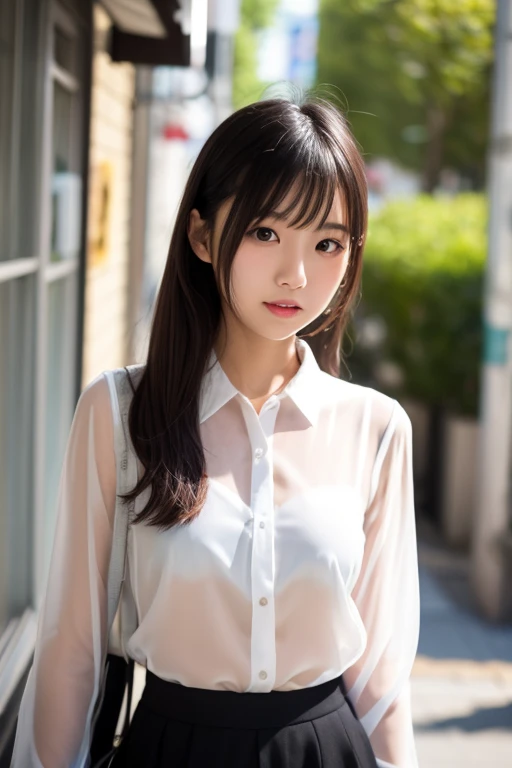 masterpiece, Best Quality, 8K, 1girl, Correct human hands, correct human fingers, 14 yo, face closeup, Cute, Girly, Delicate girl, Neat and clean beauty, medium breast, luminescence, Looking away, Raw photo, F/1.8, 135 mm, NIKON, Anatomically correct, bokeh，Textured skin, Professional Photography, Portrait, Soft light, Professional Lighting, back light, Film grain, (Eyes and faces with detailed:1.0), brown hair, medium hair swaying in the wind, Silk shirt