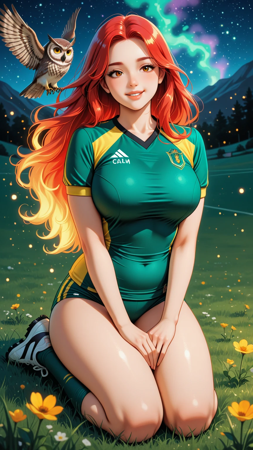 Create a masterpiece image in 4K resolution with photorealistic details. Depict Krisstalove, face with extremely detailed eyes, long eyelashes, and beautiful lips, jucy lips, big bust, camel toe, Her long, flowing hair forms a ponytail, adorned with intricate jewelry. She sports a radiant smile under the vibrant lights of a Mexican soccer stadium at night. The atmosphere is electric, with the Mexican flag and emblem prominently displayed in green, white, and red hues. Her multicolor twintails sway gently as she wears sexy shorts, exuding confidence and charm