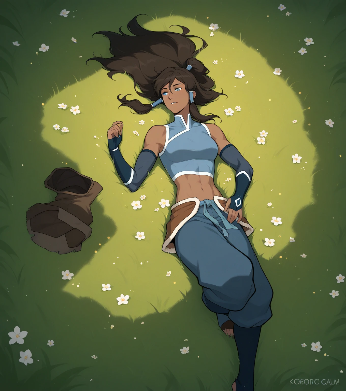 view from above,,The legend of korra, korra,(dark skin,medium tits,thongs,stockings,micro bikini,sitting cross - legged:1.3 ,)( meditating,lotus pose sitting on meditation:1.4), lifting skirt, closed eyes