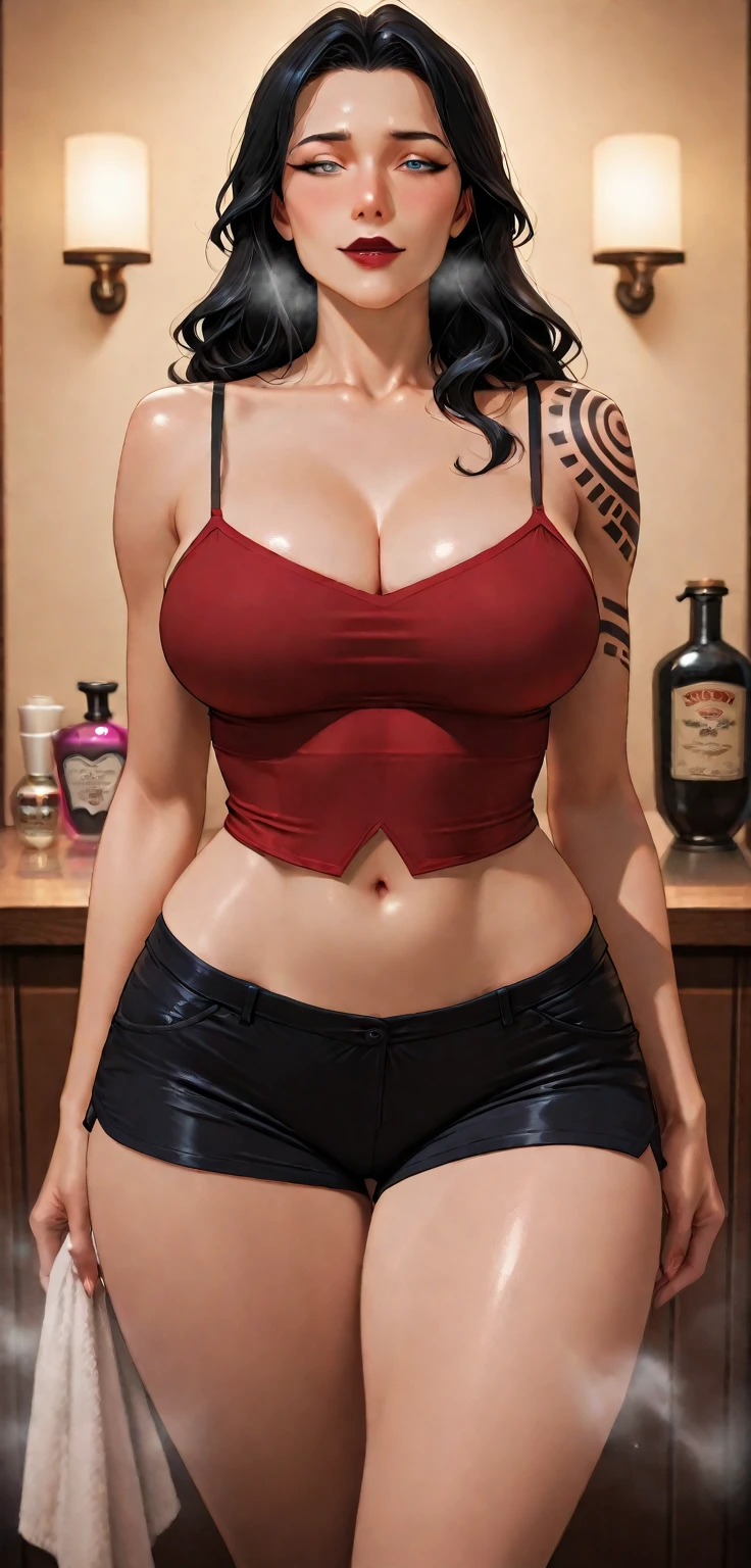 masterpiece, high quality, detailed eyes,
1girl, midorikawa hana, short hair, bangs, (yellow hair:1.0), (brown eyes:1.0), blunt bangs,, (mature female, milf:1.2), gigantic breast, (voloptuous:1.2), thick thighs, (tall, leggy:1.0), glistened skin, oiled skin, shiny skin, smile, (muscular:0.7), (pubic tattoo:1.0),
solo, looking at viewer, Shopping mall, cowboy shot, market, (contrapposto:1.2), (cropped camisole, short shorts:1.2), navel, black thighhighs, necklace, choker, thigh strap, (covered nipple, cleft of venus, cameltoe:0.5),