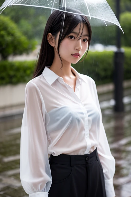Schoolgirl beautiful girl in big transparent white shirt wet rain shelter