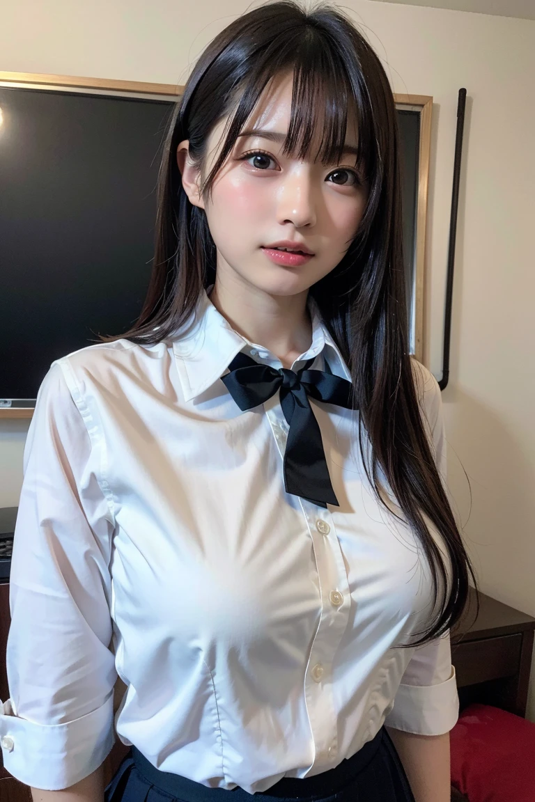 1 girl, (8k, RAW photo, best quality, masterpiece: 1.2), (realistic, photo-realistic: 1.37), ultra-detailed, beautiful, solo, beautiful detailed sky, detailed coffee, night, sitting, (flushed nose), (smile: 1.1), medium breasts, beautiful detailed eyes, long brown hair, (collared shirt: 1.1), bow tie, pleated skirt, (short hair: 1.2), long hair, taking big ice cream,