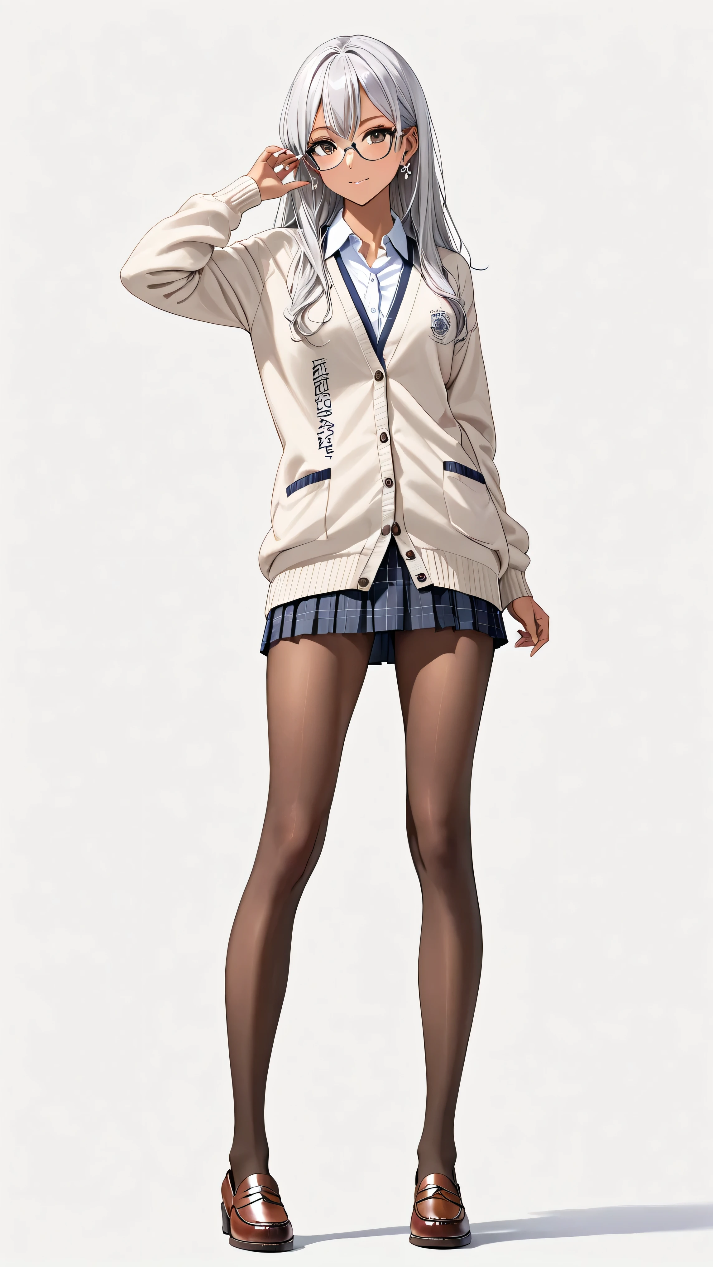 Anatomically Perfectly Correct、日本人とコーカサス人のハーフの高校生の女の子、tanned skin、very slim、very tall、Gal、solo、full body view、Similar to adults、Intelligent face、detailed expressions、Long Silver Hair、shiny hair、wolf cut hair、Silver glasses 、piercings、A high school girl who is half Japanese and half Caucasian in a cardigan properly worn over a summer school uniform、black pantyhose、loafers、Wrinkles in clothes 、Engraved on clothes、Freestanding pose、 Haircliprir1Kadef、looking at the camera、( pure white background , no walls):1.5、high res、Super Detailed、 Masterpiece Illustration 、Professional Lighting、No animals。There are no others、