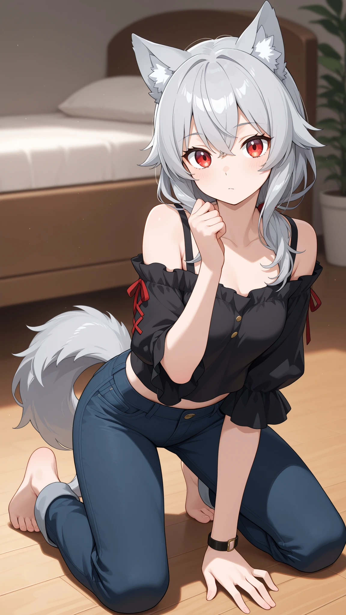 small male Wolf ears and tail  in thight shorts and black thigh highs and a tight shirt standing