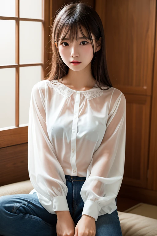 highres, ultra detailed, photorealistic, soft lighting, 1 beautiful Japanese girl, highly detailed beautiful face, straight and medium hair, transparent unbuttoned blouse, beautiful legs