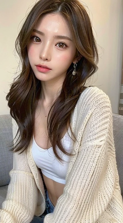 ((Selfie 1.6))、front、From the chest up、Straight hair、⦅Looking into the camera⦆、Brown Hair、With bangs、Highest quality, Masseter region, Ultra-High resolution, (Realistic:1.4), RAW Photos, High resolution, High resolution, masterpiece、30-year-old woman、In the apartment、Knitted sweater、Open-neck sweater