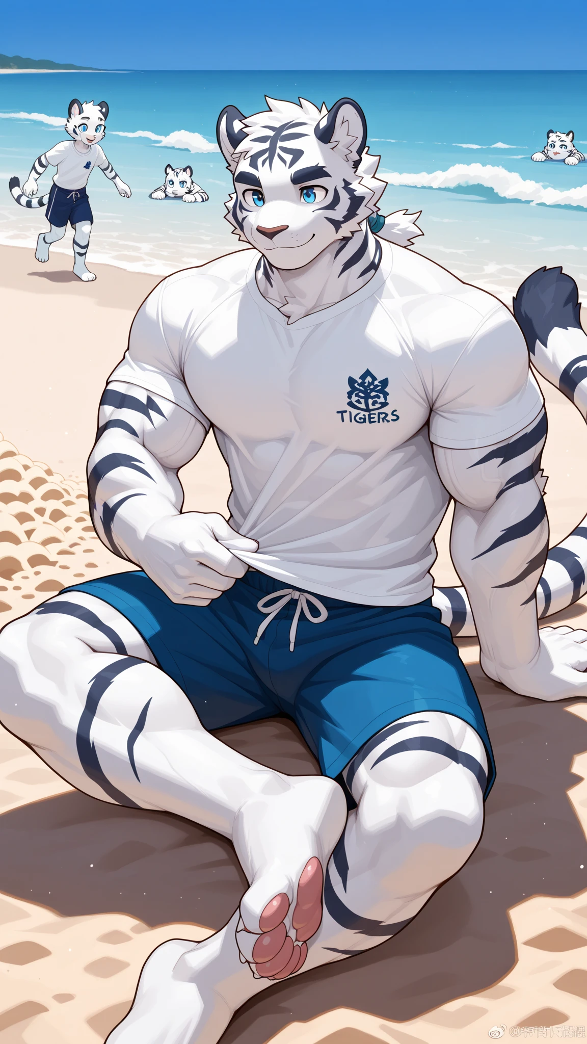 Hominidae, Pose for Camera. 4K, high resolution, Best quality, posted on e621, (Solo:1.2), Anthropomorphic white tiger, male people, 20yr old, Thick eyebrows, Light blue stripes, Strong body, large pecs, ((Shirtless)), The lower body is covered with a white bath towel, medium bulge, Pink milk clusters, Recline in natural hot springs, Partially submerged, spread thighs, stretched action, (sport, Muscular, Heavyweight:1.2), Correct anatomy, (White background, Watercolor background:1.1), (by Chunie, author:Taran Fidler:0.8), (Detailed eyes:1.2), Sexy, (cel-shaded:1.2), cartoon shading, (aquarelle:1.2), Smile, Be red in the face, (view the viewer:1.2), Bright eyes, Front view