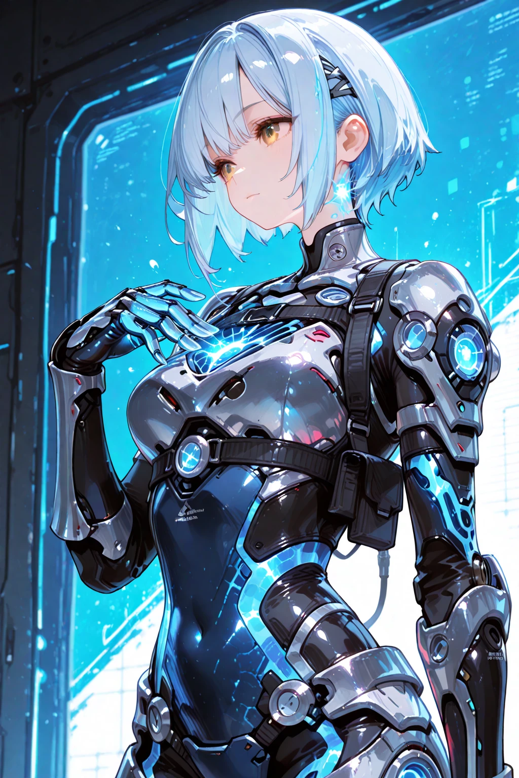 light particles, halo, (bioluminescent:0.95), bioluminescent, piercing glare, vibrant, (((colourful))), color, (glowing, glow), reflection light, depth of field, from behind, multiple views, delicated best quality, (((masterpiece))), ((best quality)), ((ultra-detailed)), (CG illustration), (an extremely devious and beautiful)), cinematic light, ((1 mechanical girl)), (white, blue hair), (short hair), (green eyes), (purple lips), (absurdly large silver robe), single, full, mechanical halo,star halo,intricate mechanical bodysuit, mecha corset, (full armor: yalow and white), (machine-made joints: 1.4), ((mechanical limbs)), ( blood vessels attached to the tube), ((mechanical spine attached to the back)), ((mechanical cervical vertebrae attached to the neck), ((combat stance)), expressionless, (wires and cables attached to the head and body: 1.5), (character focus), science fiction, apocalypse, glow, (full shoot body:1.1)