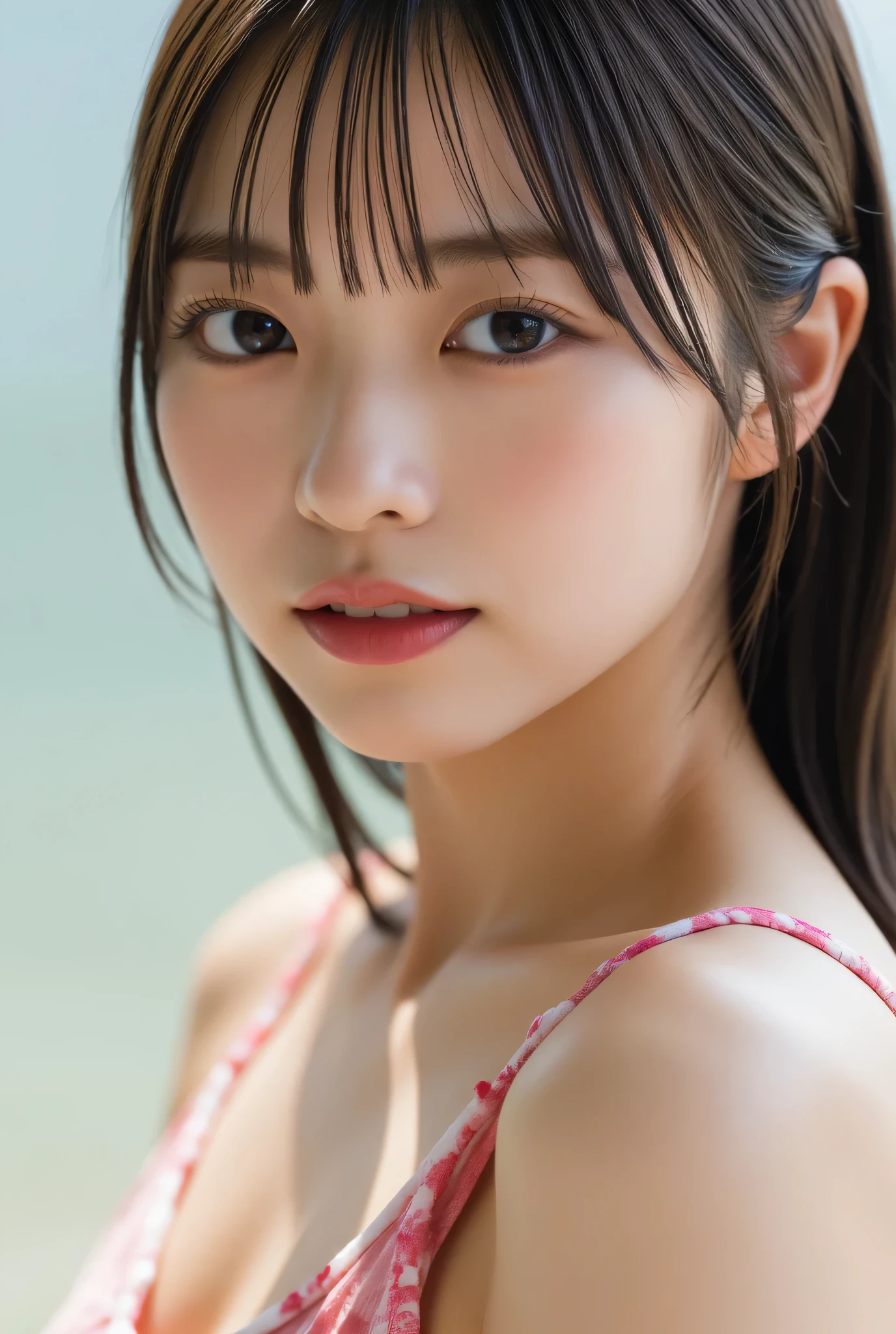 Best quality, face focus, soft light, super high resolution, (Realism: 1.4), raw photo, one Japanese girl, one person, cute, (pupils, light in eyes), beautiful face details, (small box), (high resolution details of human skin texture), (long hair), (portrait),((Colorful Bikinis:1.3)), Swimwear,Upper Body,