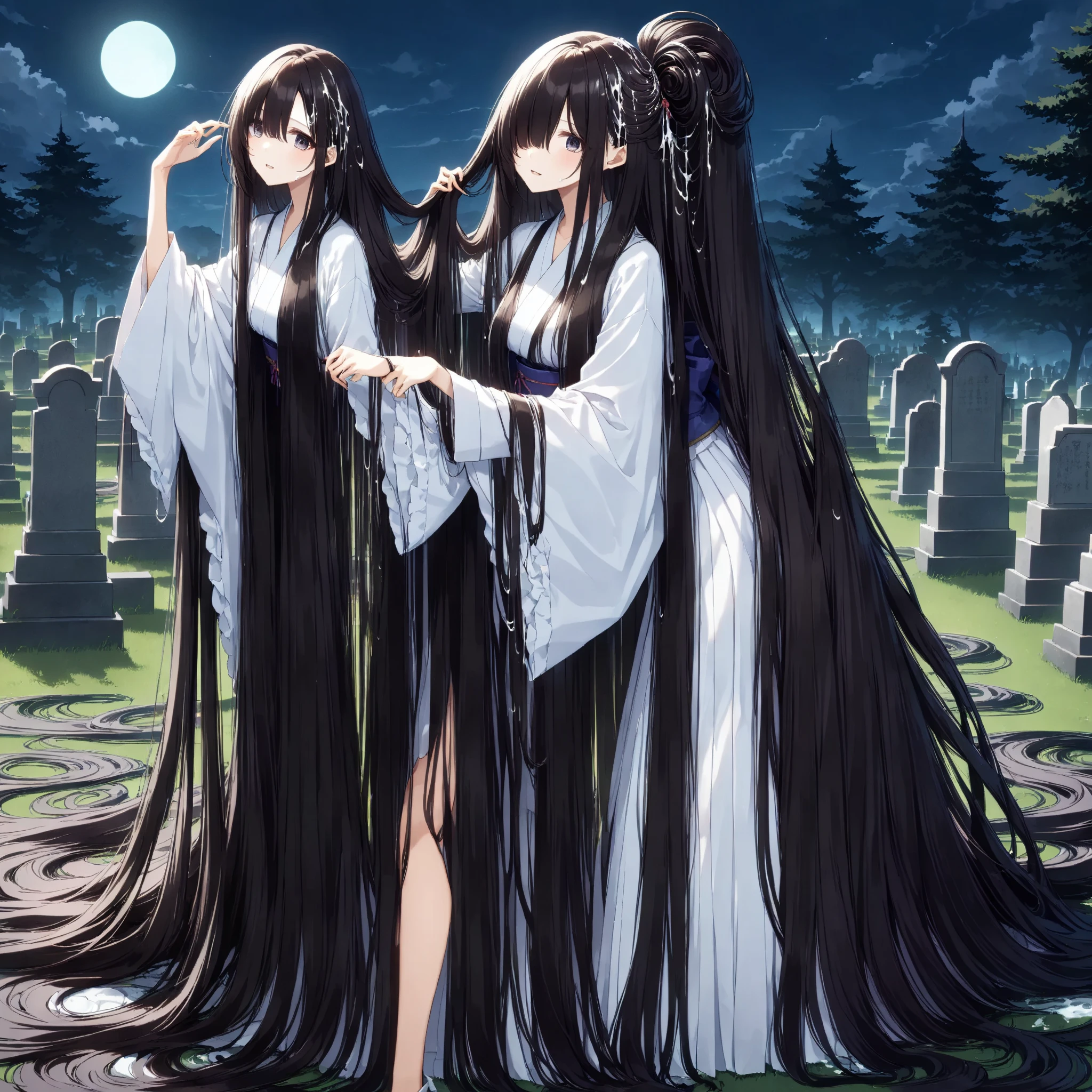 Chara: Sinister teenager with red eyes, dark brown hair, holding a bloody knife. Threatening expression and a dark aura that surrounded her. Good Chara: Good-hearted teenager with warm blue eyes, golden hair and a serene expression. Holding a bouquet of golden flowers, radiating a soft aura of positivity.