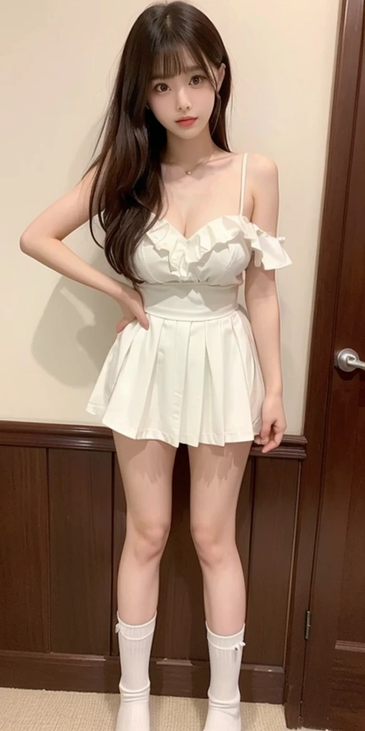 nsfw,One secret girl。In front of the mirror in the bathroom of a large public restroom, she lifts up her white blouse and sucks it、Taking a selfie with her bra lowered by hand to reveal one nipple。Raise your skirt and pull your panties down to your knees。G-cup female college student。No sleeve。Showing panties。Showing teeth。Clean toilet。The photo was leaked on a secret account。masterpiece, best quality, Real Image, Super detailed, fine details, High resolution, 8k,wall paper, perfect dynamic composition,(Details High quality)
