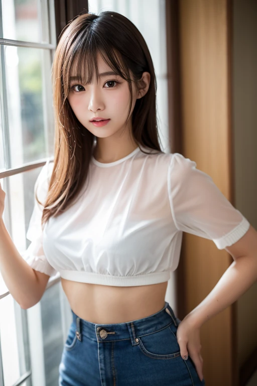 (highest quality), (Ultra-detailed、The whole body is in focus), (Nude 1.2), (Detailed light), (Very delicate and beautiful、See-through T-shirt.No bra:1.3), 1. Young Girl, Brown Hair, Brown eyes, model, highest quality, Highly detailed CG synthesis 8k wallpaper, High-definition RAW color photos, bright、Sexy pose、(Are thin、Waistline)、A little 、Beautiful breasts、Various poses、short hair、(Naughty pose)