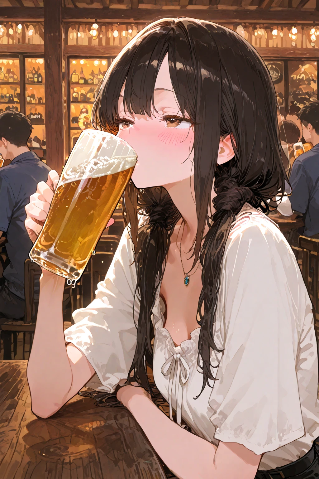 Best quality, ((Masterpiece)), (Realistic), A woman, Beer garden, Drinking beer was delicious, Hot and sweaty, Place it next to her face, closing her eyes, 1girll, Sour face, shirt, food, Solo, Open shirt, Lace shirt, Floral shirt, colorful skirt, Mini skirt, Piva